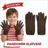 Marsilyan Çocuk Boy Pandomim Eldiveni Beyaz Puantiyeli Kahve Renk Gösteri Eldiveni 23 Nisan 19 Mayıs