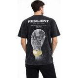 Marsilyan Erkek Asit Yıkamalı Baskılı Tişört Bisiklet Yaka Kısa Kollu Streetwear T-Shirt - Siyah - XL
