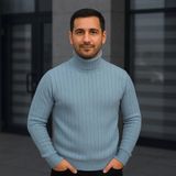 Marsilyan Erkek Balıkcı Yaka Bağazlı Triko Kazak Pamuklu Kalın Fitilli Dokuma, Regular Fit Uzun Kollu Kı - Bebe Mavisi