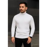 Marsilyan- Erkek Balıkcı Yaka Bağazlı Triko Kazak Pamuklu Kalın Fitilli Dokuma, Regular Fit Uzun Kollu Kışlık Model - Beyaz - Saks Mavisi - Beyaz - 2XL