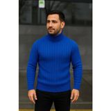 Marsilyan- Erkek Balıkcı Yaka Bağazlı Triko Kazak Pamuklu Kalın Fitilli Dokuma, Regular Fit Uzun Kollu Kışlık Model - Saks Mavisi - XL