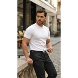 Marsilyan- Erkek Basic Bisiklet Yaka Kısa Kollu Triko Tişört - %100 Pamuk Akrilik - Beyaz
