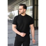 Marsilyan Erkek Bisiklet Yaka Petek Dokulu Kısa Kollu Triko Tişört - Siyah