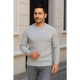 Marsilyan- Erkek Bisiklet Yuvarlak Yaka Triko Kazak Pamuklu Kalın Fitilli Dokuma, Regular Fit Uzun Kollu Kışlık Model - Gri - 2XL