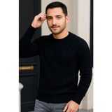 Marsilyan- Erkek Bisiklet Yuvarlak Yaka Triko Kazak Pamuklu Kalın Fitilli Dokuma, Regular Fit Uzun Kollu Kışlık Model - Siyah - 2XL
