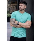 Marsilyan Erkek Body Tişört Bisiklet Yaka Slim Fit Likralı T-Shirt - Turkuvaz - Turkuaz