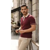 Marsilyan- Erkek Düğme Yakalı Kontrast Yaka Triko Tişört - Bordo - 2XL