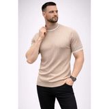 Marsilyan Erkek Fitilli Triko Dokuma Kısa Kol Tişört Yarım Boğaz Modern Yazlık T-Shirt - Bej - XL