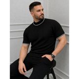 Marsilyan Erkek Fitilli Triko Dokuma Kısa Kol Tişört Yarım Boğaz Modern Yazlık T-Shirt - Siyah - XL