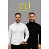 Marsilyan- Erkek Fitilli Triko Kazak 2li Set Beyaz Siyah Regular Balıkcı Yaka Tam Boğazlı Triko Seti Modeli Kazak - Beyaz - Siyah