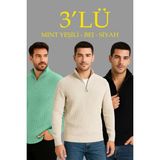 Marsilyan- Erkek Fitilli Triko Kazak 3’lü Set – Mint Yeşili, Siyah, Bej Kalın Dokuma Pamuklu Regular Fit V Yaka Fermuarlı Uzun Kollu Rahat Kışlık Kazak Kombini - Çok Renkli
