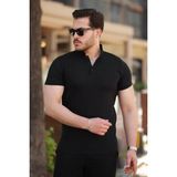 Marsilyan Erkek Hakim Yaka Dokuma Pamuklu Kumaş Kısa Kollu T-Shirt - Siyah