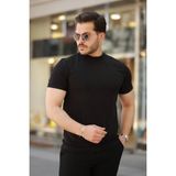 Marsilyan- Erkek Ince Çizgi Dokulu Kısa Kollu T-Shirt - Siyah