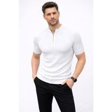 Marsilyan Erkek Kısa Kol Fitilli Triko T-Shirt Yazlık Hakim Yaka Tişört - Beyaz - 2XL