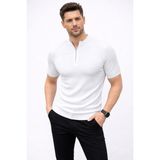 Marsilyan Erkek Kısa Kol Fitilli Triko T-Shirt Yazlık Hakim Yaka Tişört - Beyaz - XL