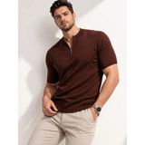 Marsilyan Erkek Kısa Kol Fitilli Triko T-Shirt Yazlık Hakim Yaka Tişört - Kahverengi - XL