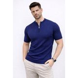 Marsilyan Erkek Kısa Kol Fitilli Triko T-Shirt Yazlık Hakim Yaka Tişört - Lacivert - XL