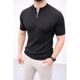 Marsilyan Erkek Kısa Kol Fitilli Triko T-Shirt Yazlık Hakim Yaka Tişört - Siyah - 2XL