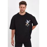 Marsilyan Erkek Melek Baskılı Oversize T-Shirt - Siyah