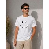 Marsilyan Erkek Minimal Gülümseyen Yüz Baskılı Tişört Kısa Kol Yazlık T-Shirt - Beyaz