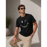Marsilyan Erkek Minimal Gülümseyen Yüz Baskılı Tişört Kısa Kol Yazlık T-Shirt - Siyah - XL