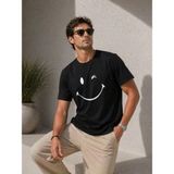 Marsilyan Erkek Minimal Gülümseyen Yüz Baskılı Tişört Kısa Kol Yazlık T-Shirt - Siyah