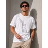 Marsilyan Erkek Minimal Kedi Çizim Baskılı Tişört Kısa Kol Yazlık T-Shirt - Beyaz - 2XL