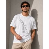 Marsilyan Erkek Minimal Kedi Çizim Baskılı Tişört Kısa Kol Yazlık T-Shirt - Beyaz - XS
