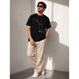 Marsilyan Erkek Minimal Kedi Çizim Baskılı Tişört Kısa Kol Yazlık T-Shirt - Siyah