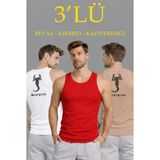 Marsilyan Erkek Spor Fitilli Atlet 3'lü Set Beyaz, Kırmızı ve Kahverengi Slim Fit Kaşkorse Arka Baskılı Spor Atlet - Çok Renkli - 2XL