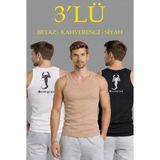 Marsilyan Erkek Spor Fitilli Kaşkorse Arka Basklı Atlet 3'lü Set Beyaz-Siyah-Kahverengi - Çok Renkli - XL