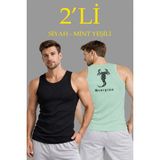 Marsilyan Erkek Spor Slimfit Fitilli Kaşkorse Arka Basklı Atlet 2'li Set Siyah-Mint Yeşili - Çok Renkli
