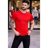 Marsilyan Erkek T-Shirt Bisiklet Yaka Slim Fit Dar Kesim Likralı Tişört Günlük Basic Body - Kırmızı - 2XL