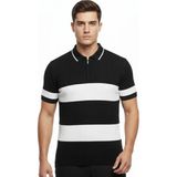 Marsilyan- Erkek T-Shirt Çizgili Triko Dokuma Kumaş Polo Yaka Yarım Fermuarlı Regular Kalıp Tişört - Siyah
