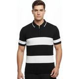 Marsilyan Erkek T-Shirt Çizgili Triko Kumaş Polo Yaka Yarım Fermuarlı Kısa Kol Tişört - Siyah - 2XL