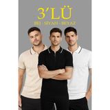 Marsilyan- Erkek Triko Tişört Fermuar Yakalı Kısa Kol T-Shirt 3’lü Set Bej-Beyaz-Siyah - Bej - Beyaz - Siyah