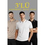 Marsilyan Erkek Triko Tişört Fermuarlı Polo Yaka Kısa Kol T-Shirt 3’lü Set Kahve-Siyah-Beyaz - Kahverengi - Beyaz - Siyah