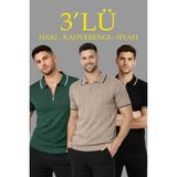 Marsilyan Erkek Triko Tişört Fermuarlı Polo Yaka Kısa Kol T-Shirt 3’lü Set Siyah-Kahve-Haki - Çok Renkli