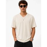 Marsilyan Erkek V Yaka Basic Tişört Kısa Kol Yazlık Regular Fit T-Shirt - Bej - XL