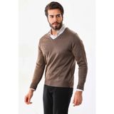 Marsilyan Erkek V Yaka Kazak Uzun Kol Düz Dokuma Triko - Vizon - 2XL