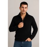 Marsilyan- Erkek Yarım Fermuarlı Triko Kazak – Selanik Örgü, Dik Yaka, Pamuklu Dokuma, Regular Fit Uzun Kollu Kışlık Model - Siyah - XL