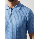 Marsilyan Erkek Yazlık Triko Saç Örgü Tişört Kısa Kol Polo Yaka Fermuarlı T-Shirt - Bebe Mavisi