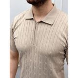 Marsilyan Erkek Yazlık Triko Saç Örgü Tişört Kısa Kol Polo Yaka Fermuarlı T-Shirt - Bej - 2XL