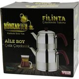 Marsilyan Filinta Aile Boy Çelik Çaydanlık Seti Çift Kapaklı Renkli Bakalit Kulp Üst Demlik: 1.5lt - Alt Suluk: 3lt Kendinden Süzgeçli (K95)