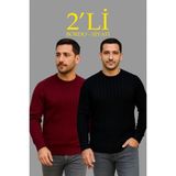 Marsilyan Fitilli Triko Kazak 2’li Set – Siyah Bordo, Kalın Dokuma Pamuklu Regular Fit Bisiklet Yaka Uzun Kollu Rahat Kışlık Kazak Kombini - Siyah - Bordo - XL