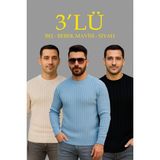 Marsilyan Fitilli Triko Kazak 3’lü Set – Bej, Bebek Mavisi, Siyah | Kalın Dokuma Pamuklu Regular Fit Bisiklet Yaka Uzun Kollu Kışlık ve Baharlık Rahat Triko Kombini - Siyah - Bebe Mavisi - Bej