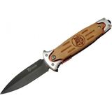 Marsilyan™- Fs 11033 Kahverengi Kurtarma / Kamp Çakısı 20CM - Yarı Otomatik, Kurt Işlemeli Ahşap Sap, Kemerlikli - Renkli - standart