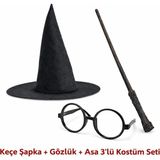Marsilyan™- Harry Potter Tarzı Çocuk Seti (Siyah Keçe Şapka, Asa, Gözlük) - Renkli - standart