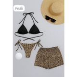Marsilyan Kadın 3'lü Set Siyah Ve Leopar Desenli Şortlu Yandan Bağlamalı Bikini Mayo Takımı