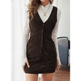 Marsilyan Kadın Askılı V Yakalı Önden Düğmeli Mini Kalın Fitilli Kadife Elbise - Kahve - 2XL - 3XL